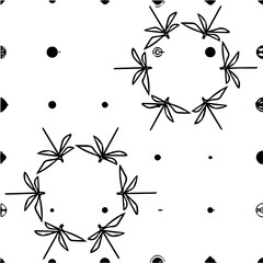 Seamless pattern featuring hand-drawn dragonfly wreaths combined with ink dots and textured circles 

