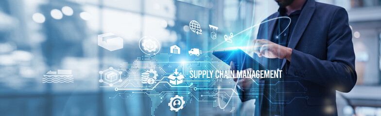 Businessman using tablet analyzing supply chain management and cost efficiency, risk mitigation,...