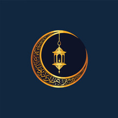 Elegant Ramadan logo featuring a golden crescent moon, glowing lantern, and intricate Arabic calligraphy. Minimalist, symmetrical design with a luxury feel, perfect for digital and branding use.