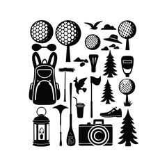 Collection of black and white outdoor adventure and travel icon silhouettes