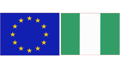 European Union Official flag with Nigeria national flag, both countries flags are in Horizontal shape and isolated on white background.
Rectangular colorful design Flag with together. 