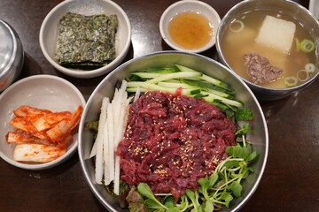 Korean Food, Korean Steak Tartare Raw Beef or Yukhoe Bibimbap Bowl - 韓国料理 ソウル ユッケビビンパ