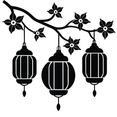 Elegant black and white illustration of lanterns hanging from a branch with flowers