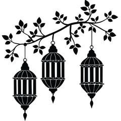 Decorative hanging lanterns and leaves silhouette vector illustration isolated on white background