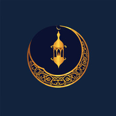 Elegant Ramadan logo featuring a golden crescent moon, glowing lantern, and intricate Arabic calligraphy. Minimalist, symmetrical design with a luxury feel, perfect for digital and branding use.