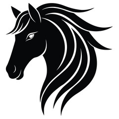 Elegant black horse head silhouette showing mane in motion on a clean white background