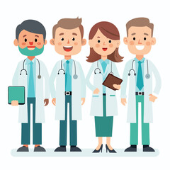 Fototapeta premium Friendly cartoon illustration depicting a diverse group of medical doctors and healthcare professionals