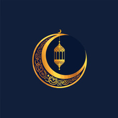 Elegant Ramadan logo featuring a golden crescent moon, glowing lantern, and intricate Arabic calligraphy. Minimalist, symmetrical design with a luxury feel, perfect for digital and branding use.