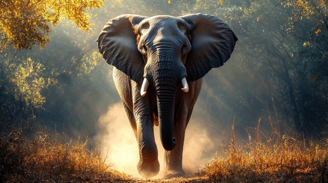 Majestic elephant strides through golden sunlight forest