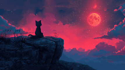 Aesthetic Lofi Cat Watching Blood Moon - Anime Style Landscape