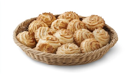 Obraz premium Freshly baked roosterkoek bread rolls served warm and steaming, arranged in a basket on a white surface. Popular with South African braais.