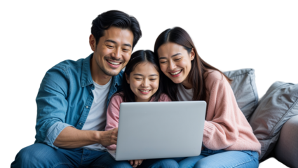 Happy Asian Family Using Laptop