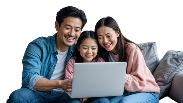 Happy Asian Family Using Laptop