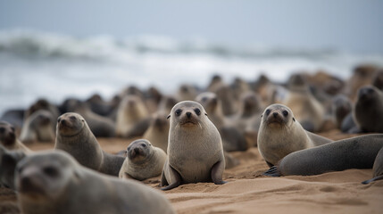 Fototapeta premium Wild animals. Harbor seals resting at the seal colony