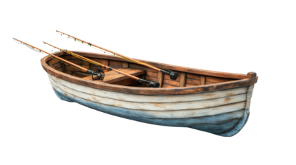Small wooden fishing boat with fishing rods on transparent background