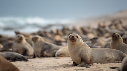 Naklejka premium Wild animals. Harbor seals resting at the seal colony