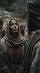 Fototapeta premium A sad Mary speaks to Jesus.