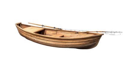 Classic wooden rowboat with oars isolated on transparent background