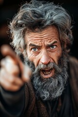A biblical Pharisee suddenly pointing towards the distance.