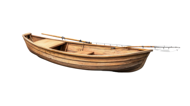 Classic wooden rowboat with oars isolated on transparent background