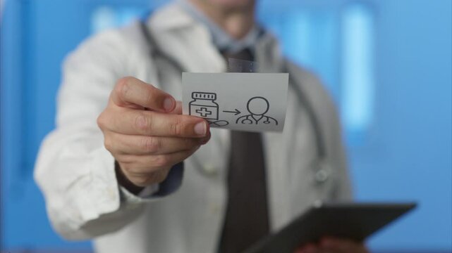 Medical professional reviewing patient information on digital tablet, displaying treatment details through animated sticky note against blue background highlighting modern healthcare technology