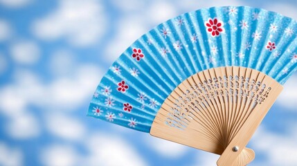 Luxury blue ice fan melting under direct sun, macro visual metaphor of fashion vs. survival in extreme heat