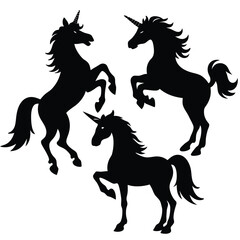 Silhouette artwork depicting three majestic unicorns in various poses and elegant movements
