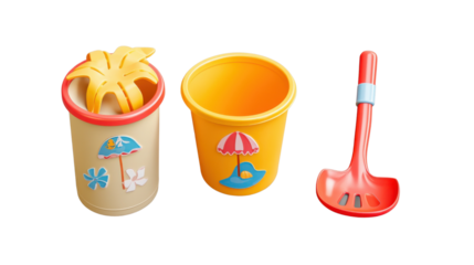 Colorful beach toys set with bucket, rake and sand mold isolated on transparent background