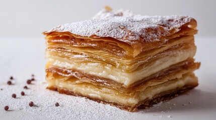 Milhojas dessert, layered pastry with dulce de leche and powdered sugar topping, white background