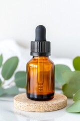 Macro of amber glass dropper bottle on travertine coaster with eucalyptus and towel textures, soft morning light and copy space on the left, luxury organic skincare scene