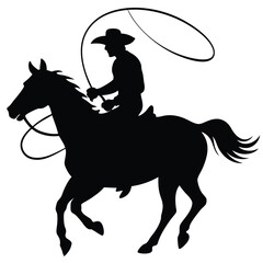 Silhouette of a cowboy riding a horse with a lasso in hand ready for action