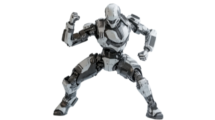 White and black fighting robot with transparent background taking a fighting stance