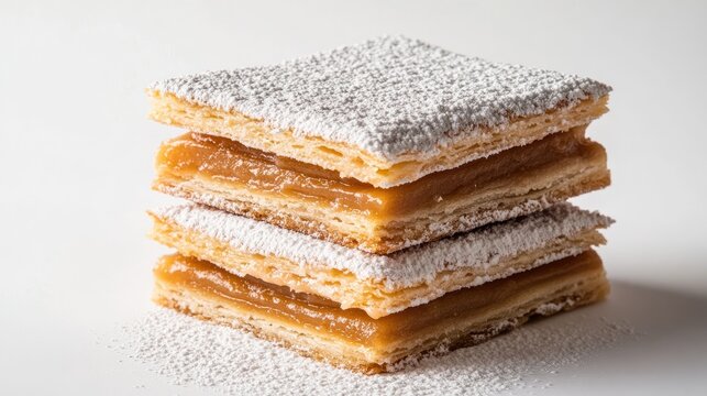 Milhojas dessert, layered pastry with dulce de leche and powdered sugar topping, white background