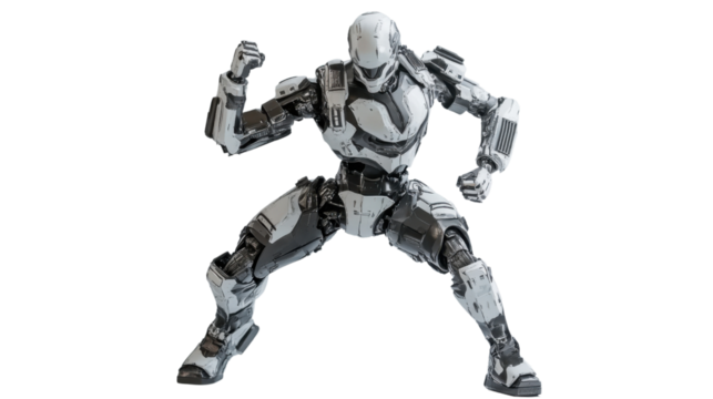 White and black fighting robot with transparent background taking a fighting stance