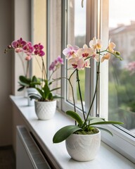 Fototapeta premium Orchids blooming on a windowsill natural light filtering through captivating floral display in a home environment serene viewpoint on indoor plant growth