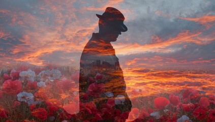 A double exposure of the silhouette of an old soldier standing among poppies at sunset.	
