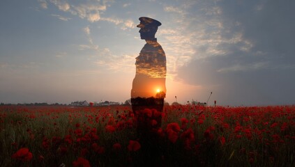 A double exposure of the silhouette of an old soldier standing among poppies at sunset.	