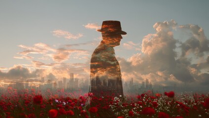 A double exposure of the silhouette of an old soldier standing among poppies at sunset.	