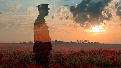 A double exposure of the silhouette of an old soldier standing among poppies at sunset.	
