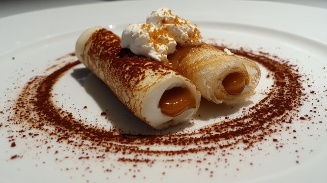 Panqueques de Dulce de Leche, thin crepes rolled and filled with caramel spread, plated white