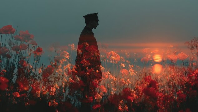 A double exposure of the silhouette of an old soldier standing among poppies at sunset. - Powered by Adobe