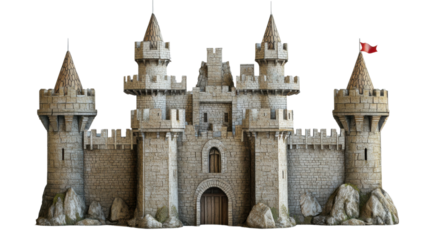 Medieval castle with red flag waving on transparent background