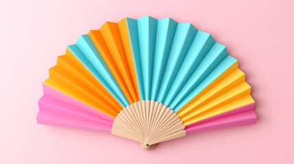 Colorful pastel paper fan on yellow background, trendy summer accessory and minimal heat protection
