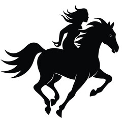 Silhouette of a woman riding a galloping horse isolated on white background