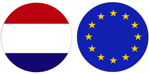 Netherland Official Flag with European Union or Europe National flag, both countries flags are in Round shape and isolated on white background, Circular colorful design Flag with together.