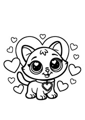 Sweet cat and hearts coloring page for kids