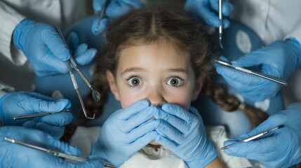A little scared girl sitting on the dentist's chair.