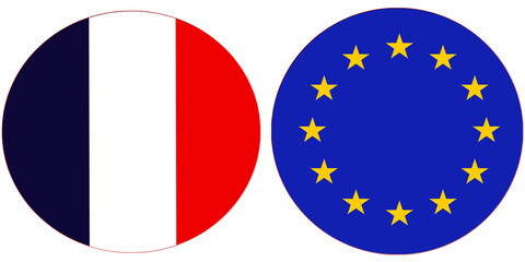 France Official Flag with European Union or Europe National flag, both countries flags are in Round shape and isolated on white background, Circular colorful design Flag with together.