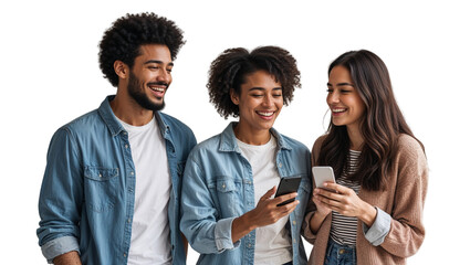 Smiling Diverse Friends Using Smartphones