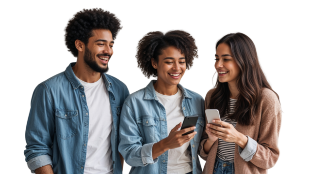 Smiling Diverse Friends Using Smartphones - Powered by Adobe